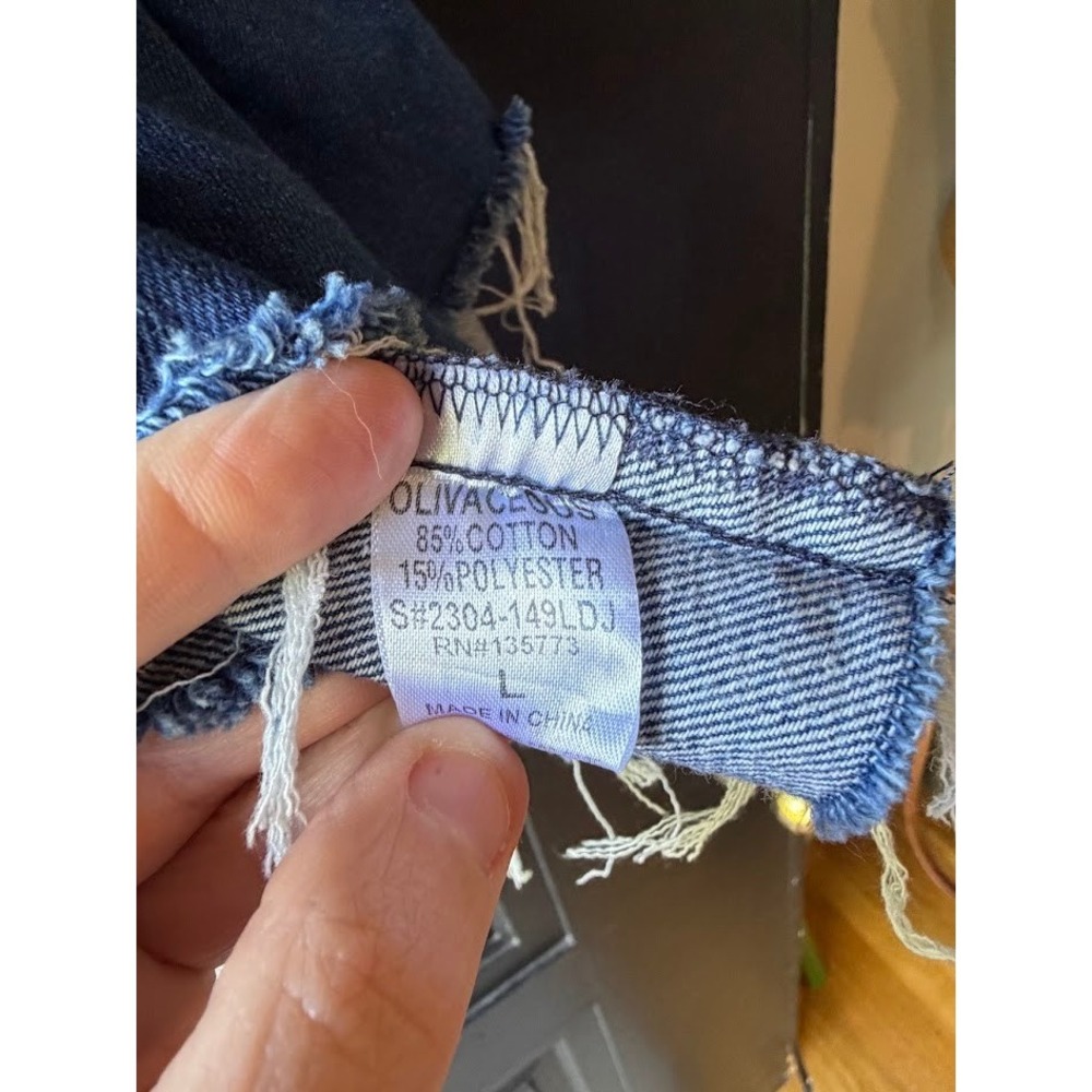 Olivaceous Blue Denim Puff Sleeve Babydoll Mini Dress Frayed Hem Sweetheart Neck - Picture 6 of 10